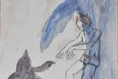 O. T. (Wandfarbe, Aquarell und Bleistift auf Holz, ca. 20 x 30 cm)