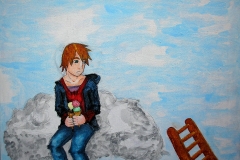 Junge auf den Wolken (Acryl, Aquarell auf Leinwand, ca. 40 x 30 cm)
