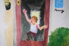 Auf der Flucht von Meinweg 15 (Acryl auf Karton, ca. 50 x 50 cm)