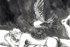 Der Traum von der Krähe (Bleistift, Tusche, Wasserfarbe auf Papier, ca. 21 x 29,7 cm)